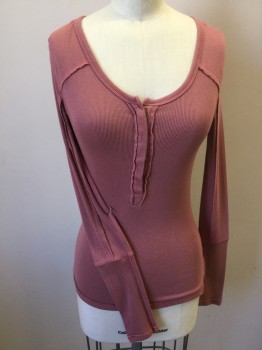 Womens, Top, FREE PEOPLE, Mauve Pink, Rayon, Viscose, Solid, XS, Ribbed, Scoop  Neck, Hidden Pewter Snap Placket, Frayed Yoke & Detail, L/S,