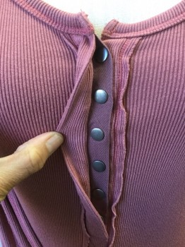 Womens, Top, FREE PEOPLE, Mauve Pink, Rayon, Viscose, Solid, XS, Ribbed, Scoop  Neck, Hidden Pewter Snap Placket, Frayed Yoke & Detail, L/S,