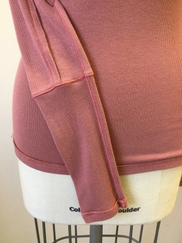 FREE PEOPLE, Mauve Pink, Rayon, Viscose, Solid, Ribbed, Scoop  Neck, Hidden Pewter Snap Placket, Frayed Yoke & Detail, L/S,
