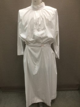 Unisex, Alb, COTTER/ABBEY, White, Cotton, Solid, L, Stand Collar, Long Sleeves, Zip Front, Self Belt with Velcro Closure Attached at Waist, Floor Length Hem