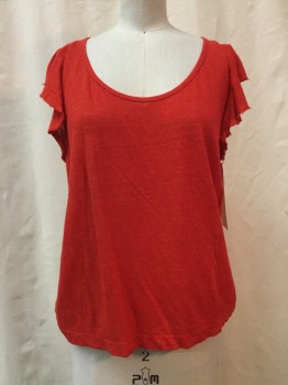 Womens, Top, ALC, Red, Linen, Solid, XS, Red, Scoop Neck, Ruffle Cap Sleeves,