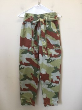 Womens, Pants, TRF ZARA, Sea Foam Green, Brown, Olive Green, Avocado Green, Cotton, Camouflage, 2, High Waisted, 4 Pocket, Elasticated Waist with Self Belt. Zip Fly Front