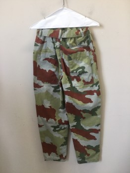 TRF ZARA, Sea Foam Green, Brown, Olive Green, Avocado Green, Cotton, Camouflage, High Waisted, 4 Pocket, Elasticated Waist with Self Belt. Zip Fly Front