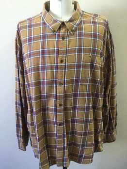 FOUNDRY, Lt Brown, Maroon Red, Blue, Cream, Cotton, Plaid, Flannel, Long Sleeve Button Front, Collar Attached, Button Down Collar, 1 Pocket