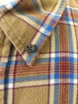FOUNDRY, Lt Brown, Maroon Red, Blue, Cream, Cotton, Plaid, Flannel, Long Sleeve Button Front, Collar Attached, Button Down Collar, 1 Pocket