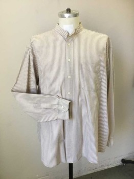 N/L, Beige, White, Gray, Cotton, Stripes, Working Class. Collar Band, Long Sleeves with Cuffs, Button Front, 1 Pocket. Rust Stain at Center Back, Old West