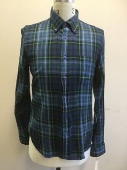 Mens, Casual Shirt, GANT, French Blue, Navy Blue, Midnight Blue, Kelly Green, White, Cotton, Plaid, M, Button Down Collar, 1 Pocket, Long Sleeves, Soft Thin Flannel
