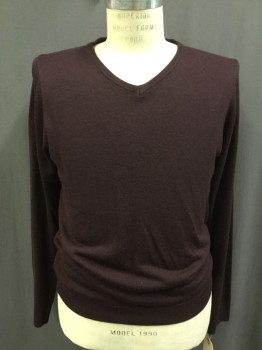 Mens, Pullover Sweater, M & S, Maroon Red, Acrylic, Solid, M, V-neck, Long Sleeves,
