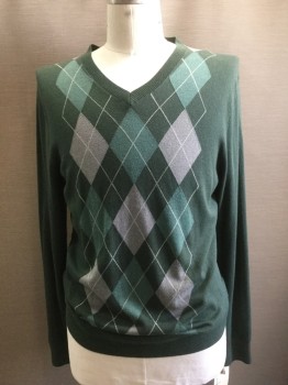 Mens, Pullover Sweater, BANANA REPUBLIC, Forest Green, Sage Green, Gray, White, Silk, Cotton, Argyle, L, V-neck, Long Sleeves,
