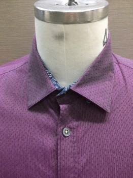 TED BAKER, Iridescent Purple, Navy Blue, White, Cotton, Lycra, Dots, Floral, Dot Print, L/S, C.A., with Navy & White Foliage Printed Facing.