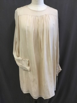DACE, Champagne, Silk, Solid, Round Neck,  Long Sleeves, Front Yoke, Buttons Down Back, Gathers at Bust and Cuffs, Full, Short, Tea or Cocktails, Day or Night