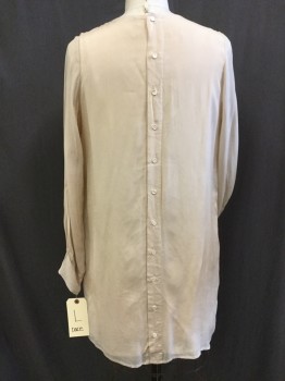 DACE, Champagne, Silk, Solid, Round Neck,  Long Sleeves, Front Yoke, Buttons Down Back, Gathers at Bust and Cuffs, Full, Short, Tea or Cocktails, Day or Night
