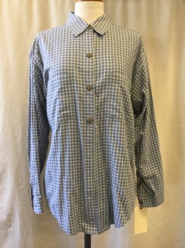 PATAGONIA, Periwinkle Blue, White, Lt Gray, Cotton, Plaid-  Windowpane, Button Front, Collar Attached, Long Sleeves, 2 Pockets,
