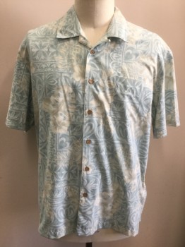 TRADER BAY, Lt Blue, Gray, White, Polyester, Leaves/Vines , Abstract , Funky Abstract Light Blue Pattern with Gray Leaves, Short Sleeve Button Front, Collar Attached, 1 Patch Pocket