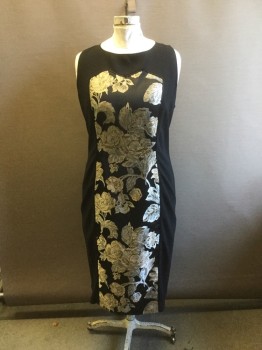 Womens, Evening Gown, MARINA RINALDI, Black, Gold, Silver, Polyester, Viscose, Solid, Floral, W46, B50, Sleeveless, Mid Calf Fitted Dress. Black Dress with Floral Brocade Center Panel in Gold, Black & Silver, Zippper Center Back, and Center Back Slit