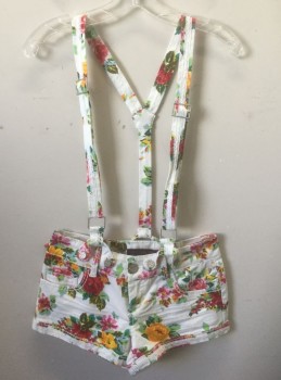 Womens, Shorts, MATERIAL GIRL, White, Multi-color, Cotton, Spandex, Floral, Sz 5, Stretch Denim, with Matching Suspenders, Low Rise, 2" Inseam, Zip Fly, 4 Pockets, Belt Loops, Mid 2000's