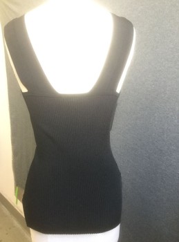 CACHE, Black, Synthetic, Elastane, Solid, Rib Knit Body-Con Tank, V-neck, Sleeveless with 2" Straps, Form Fitting