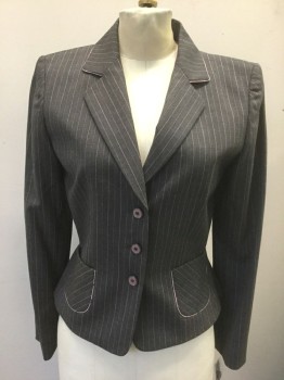 Womens, Blazer, TAHARI, Gray, Lt Pink, White, Wool, Elastane, Stripes - Pin, 4, Gray with Light Pink and White Pinstripes, Single Breasted, 3 Buttons,  Notched Lapel, Light Pink Piping Trim at Lapel and 2 Patch Pocket, Fitted, Lining is Light Pink Floral, *Has a Double