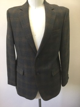 STAFFORD, Dk Gray, Brown, Beige, Wool, Plaid-  Windowpane, Dark Gray with Brown and Beige Windowpane Stripes, Single Breasted, Notched Lapel, 2 Buttons, 3 Pockets, Gray Lining