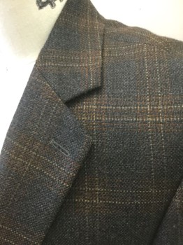 STAFFORD, Dk Gray, Brown, Beige, Wool, Plaid-  Windowpane, Dark Gray with Brown and Beige Windowpane Stripes, Single Breasted, Notched Lapel, 2 Buttons, 3 Pockets, Gray Lining