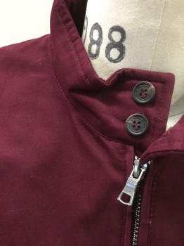 Mens, Casual Jacket, TOP MAN, Red Burgundy, Cotton, Solid, L, Zip Front, Stand Collar with 2 Buttons,  2 Pockets, Rib Knit Cuffs and Waist, Burgundy and Navy Buffalo Check Flannel Lining
