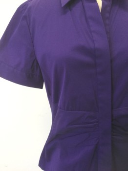 THEORY, Aubergine Purple, Cotton, Polyamide, Solid, Short Sleeve Button Front, Collar Attached, Gathered Detail at Center Front Waist, Fitted