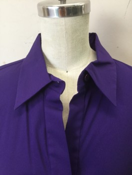 THEORY, Aubergine Purple, Cotton, Polyamide, Solid, Short Sleeve Button Front, Collar Attached, Gathered Detail at Center Front Waist, Fitted