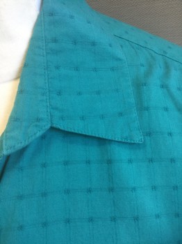 KAREN SCOTT, Turquoise Blue, Cotton, Solid, Dots, Self Dot/Squares Texture Cotton, Short Sleeve Button Front, Collar Attached, 2 Patch Pockets, Rolled Sleeve Cuffs with Button Tab