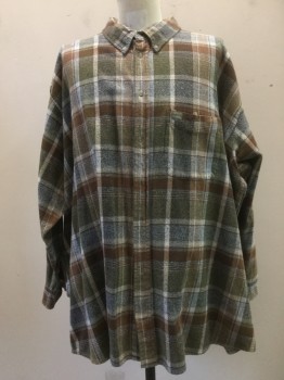 PACIFIC TRAIL, Brown, Heather Gray, Green, Blue, Beige, Cotton, Plaid, Button Front, Collar Attached, Long Sleeves, 1 Pocket,
