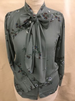 ANN TAYLOR, Steel Blue, Dk Red, Teal Blue, White, Green, Polyester, Floral, Steel Blue with Dark Red/teal Blue/white/green Floral Print Collar Attached, Double Layer Collar Attached Extended to Self Tie Neck, Hidden Button Front, Long Sleeves,