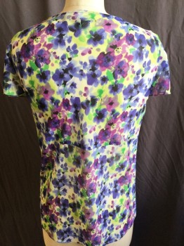 JONES NY, White, Purple, Plum Purple, Lime Green, Black, Polyester, Floral, Overlap Deep V-neck, Gathered @ Cleavage & Empire Bust Line, Bias Cut Collar Attached & Flair Bottom