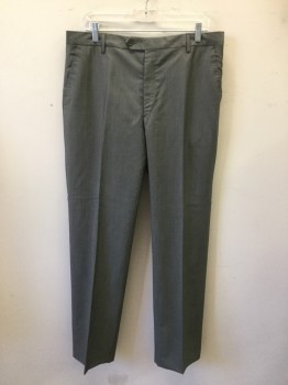 PAUL SMITH, Medium Gray, Wool, Solid, Flat Front, Button Tab, Belt Loops, Zip Fly