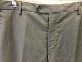 PAUL SMITH, Medium Gray, Wool, Solid, Flat Front, Button Tab, Belt Loops, Zip Fly