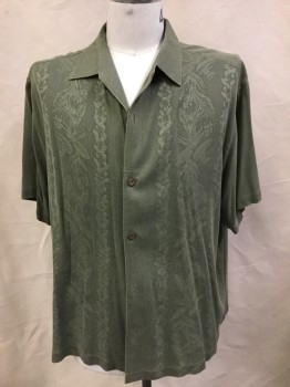 TOMMY BAHAHMA, Olive Green, Silk, Hawaiian Print, Check - Micro , CA, Wood Button Front, S/S, Knit 