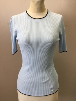 Womens, Top, TED BAKER, Lt Blue, Viscose, Polyester, Solid, S, Ribbed Knit, Navy Trim, Crew Neck, Short Sleeves