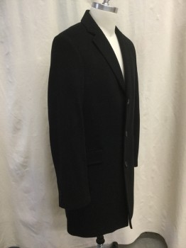 Mens, Coat, Overcoat, EXPRESS, Black, Wool, Polyester, Solid, M, 40, Notched Lapel, Single Breasted, 3 Buttons, 2 Flap Pockets, Back Vent,  Above the Knee Length