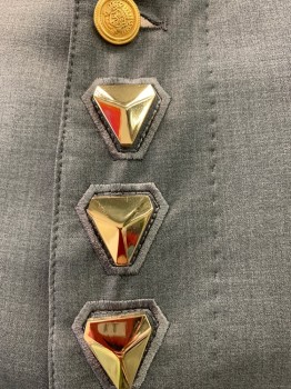 VICTOR BARON, Heather Gray, Wool, Polyester, Heathered, Hidden Button Front with Embroidered Gold Triangular Hardware, Stand Collar, 2 Pockets,