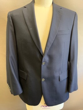 HART SCHAFFNER &MARX, Navy Blue, Wool, Polyester, Solid, Dark Navy (Nearly Black), Single Breasted, Notched Lapel, 2 Buttons, 3 Pockets, Light Gray Lining