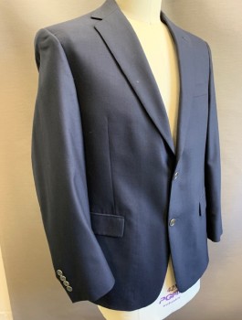 HART SCHAFFNER &MARX, Navy Blue, Wool, Polyester, Solid, Dark Navy (Nearly Black), Single Breasted, Notched Lapel, 2 Buttons, 3 Pockets, Light Gray Lining