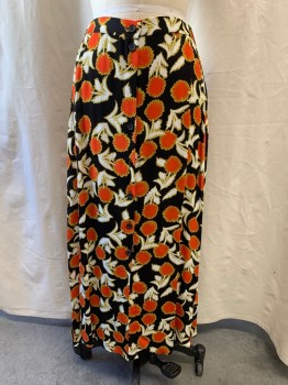 Womens, Skirt, Long, WHISTLES, Black, Orange, White, Chartreuse Green, Viscose, Floral, 8, Button Front