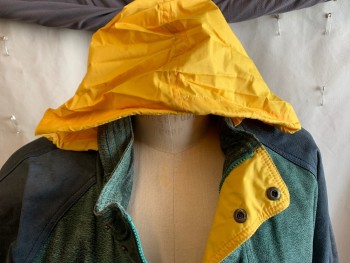 Mens, Leather Jacket, MR. JULIAN ADVENTURE, Sage Green, Olive Green, Slate Blue, Yellow, Forest Green, Leather, Color Blocking, 42, Sage with Heather Green Collar Attached with Zipper and Yellow Hood Inside, Solid Polyester Lining, 2 Slant Pockets, Forrest Green Ribbed Knit Raglan Long Sleeves Cuffs & Partial  Hem