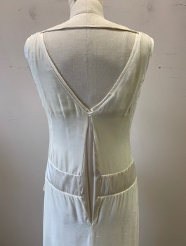 Womens, Evening Gown, HUGO BOSS, Ivory White, Rayon, Solid, B:35, Sz.4, Velvet, Sleeveless, V-neck, Satin Dropped Waistband with Self Bow at Side Waist, Floor Length, 1920's-1930's Retro Look, Could Be a Wedding Dress **Satin Gusset Added at Center Back Waist