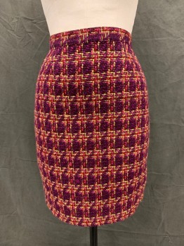 Womens, Skirt, Knee Length, MDG, Purple, Pink, Black, Lt Yellow, Red, Rayon, Wool, Basket Weave, Grid , W 27, 8, H 38, 1 1/2" Waistband, Zip Back, Plastic Pearl Button Back