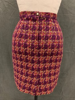 Womens, Skirt, Knee Length, MDG, Purple, Pink, Black, Lt Yellow, Red, Rayon, Wool, Basket Weave, Grid , W 27, 8, H 38, 1 1/2" Waistband, Zip Back, Plastic Pearl Button Back