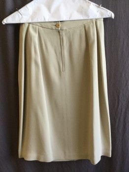 Womens, Skirt, Below Knee, GIORGIO ARMANI, Lt Khaki Brn, Wool, Polyester, Solid, W:24, 10, 1.25" Waistband with 2-1.25" Diagonal Wrap and 3 Pleat Front, Wrap-around, Shinny Very Light Brown Lining, Zip Back, Flare Bottom
