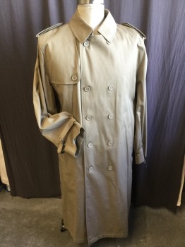 Mens, Coat, Trenchcoat, MILLENNIUM COLLECTN, Khaki Brown, Lt Yellow, Cotton, Polyester, Solid, 56L, Long Coat, Collar Attached, 1 Flap Over Right Shoulder, Epaulettes, 1 Flap Shoulder Back & 1 Split Center Back Hem, Double Breasted, Button Front, DETACHABLE Shinny Pale Yellow Vertical Quilt Lining, 2 Pockets, Self DETACHABLE Belt with Self Rectangle Buckle,  Long Sleeves with Self Belt & Self Matching Rectangle Buckle,
