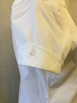 LIZ CLAIBORNE, White, Poly/Cotton, Spandex, Solid, Button Front, Collar Attached, Short Sleeves,