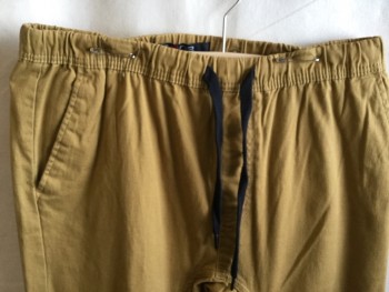 Mens, Casual Pants, WT02, Mustard Yellow, Cotton, Spandex, Solid, XL, 1.5" Elastic Waistband with Black Shoe Lace D-string, 4 Pockets, Elastic Hem