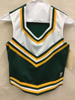 Womens, Cheer Top, PEP SUPPLY, White, Gold, Dk Green, Polyester, Chevron, Color Blocking, XS, Sleeveless, V-neck, Pull Over