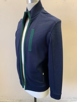 Mens, Cardigan Sweater, INC, Navy Blue, Forest Green, Poly/Cotton, Solid, M, Knit Jacket, Horizontal Rib Knit, Open at Front with No Closures, Forest Green Trim at Front Opening, Long Sleeves, 2 Pockets, Stand Collar